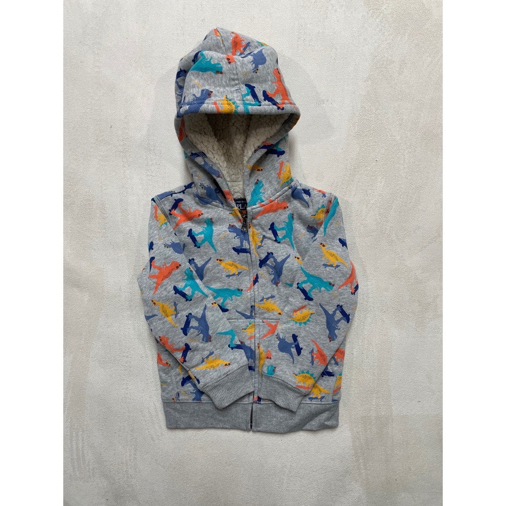 The Childrens Place Boys Gray Dinosaur Skateboarder Zip Up Sherpa Hoodie 5T